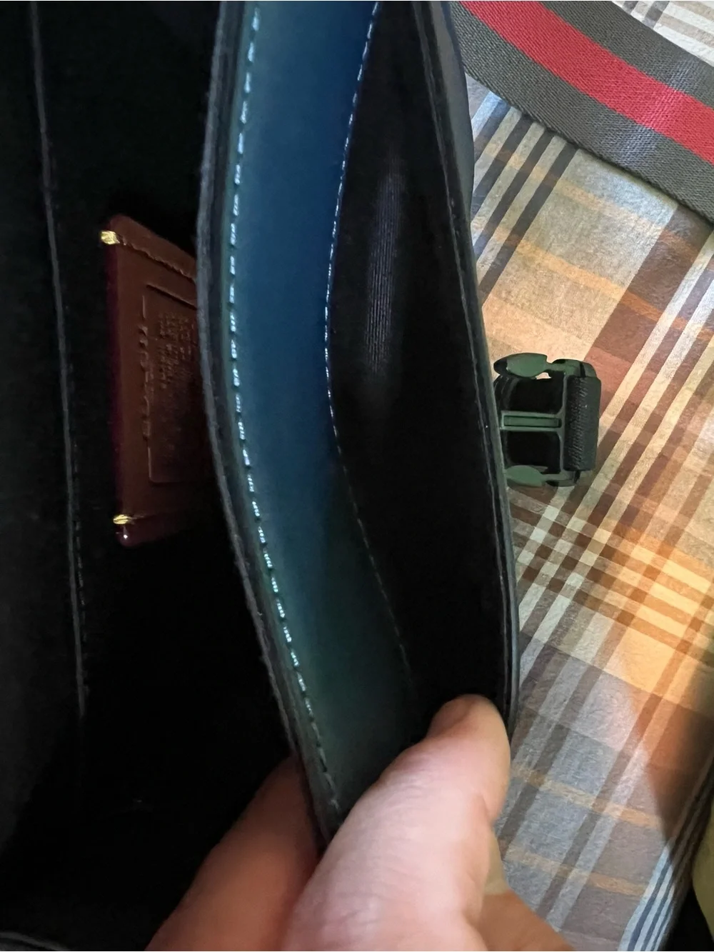 Coach Navy Leather Messenger Bag with Red-Striped Strap